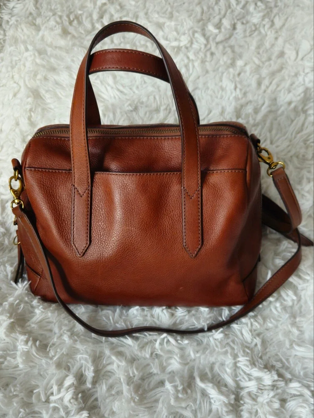 Fossil Sydney Brown Pebbled Leather Satchel Bag - Convertible Crossbody